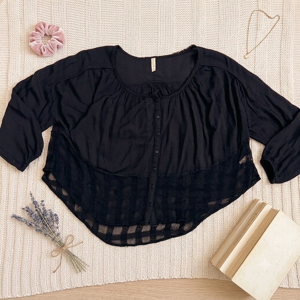 Free People Rainy Days Solid Black Mixed Media Grid Pattern High Low Blouse Sz S
